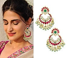 Gold Plated Kundan and Red Stone Chandbali Earrings