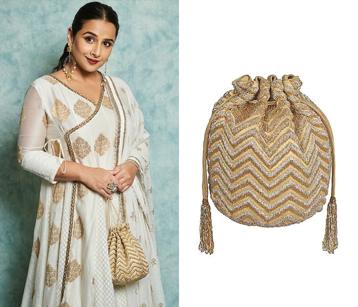 Champagne Embroidered Drawstring Potli