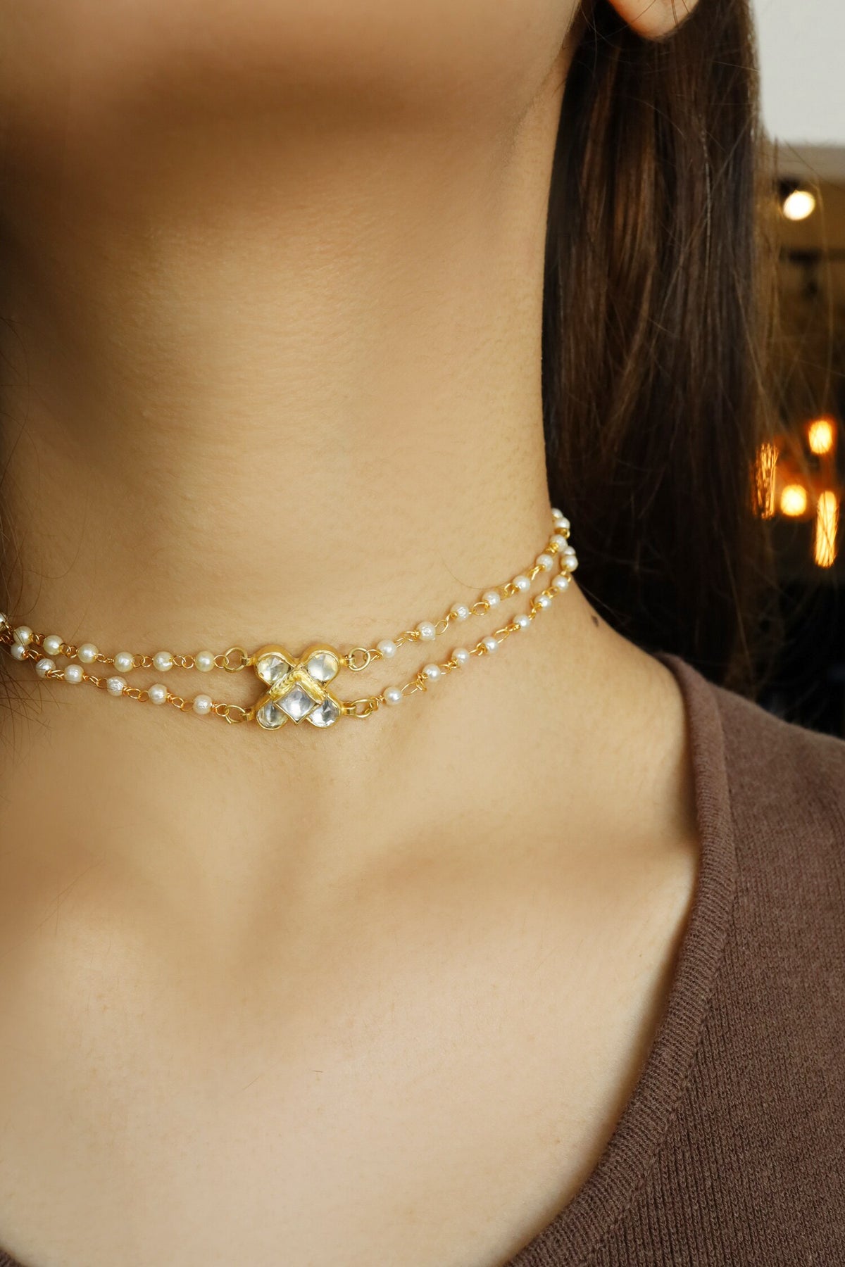 Kundan Floral Motif Multistrand Pearl Choker