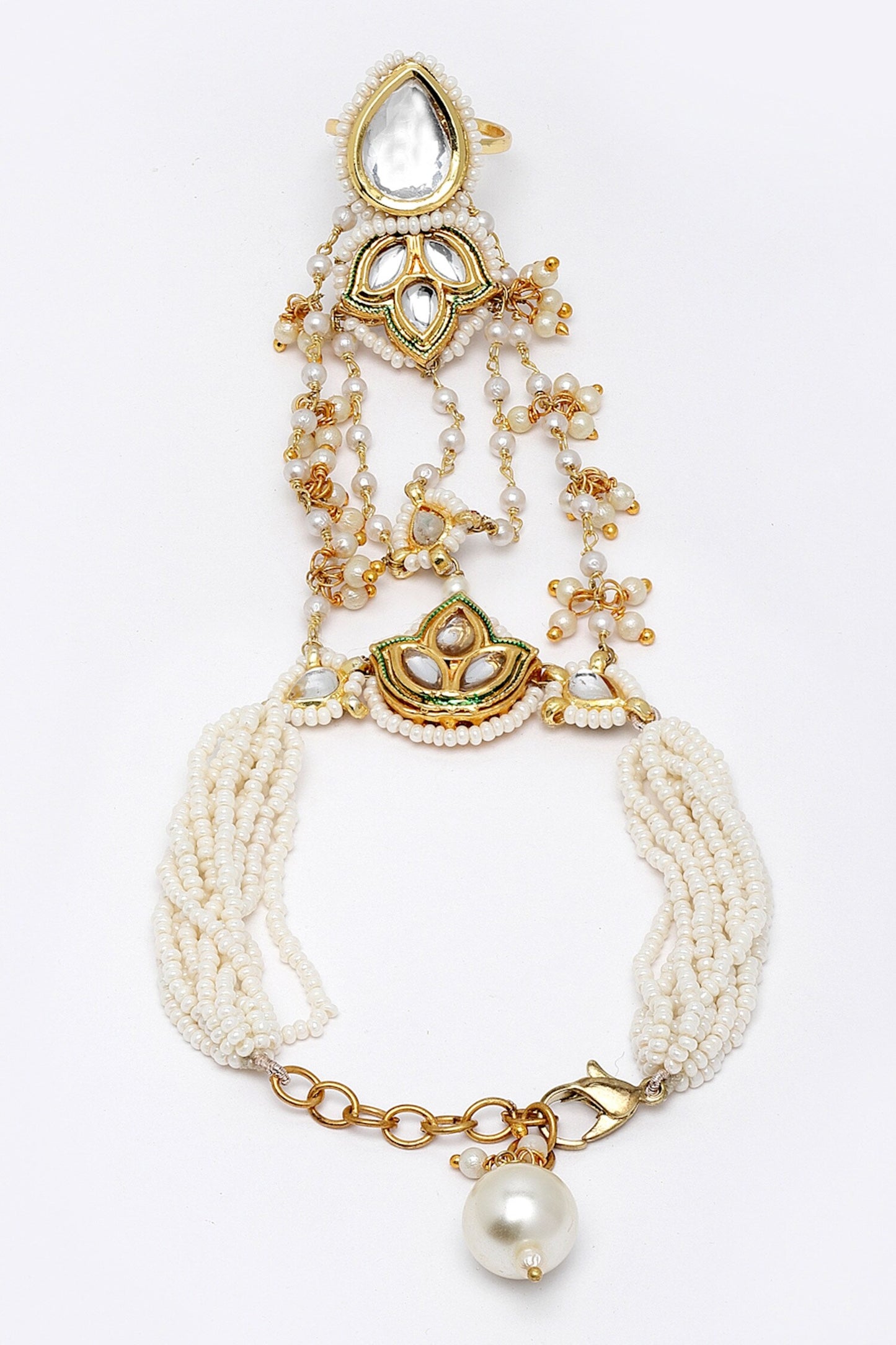 Gold Plated Pearl Kundan Hathphool