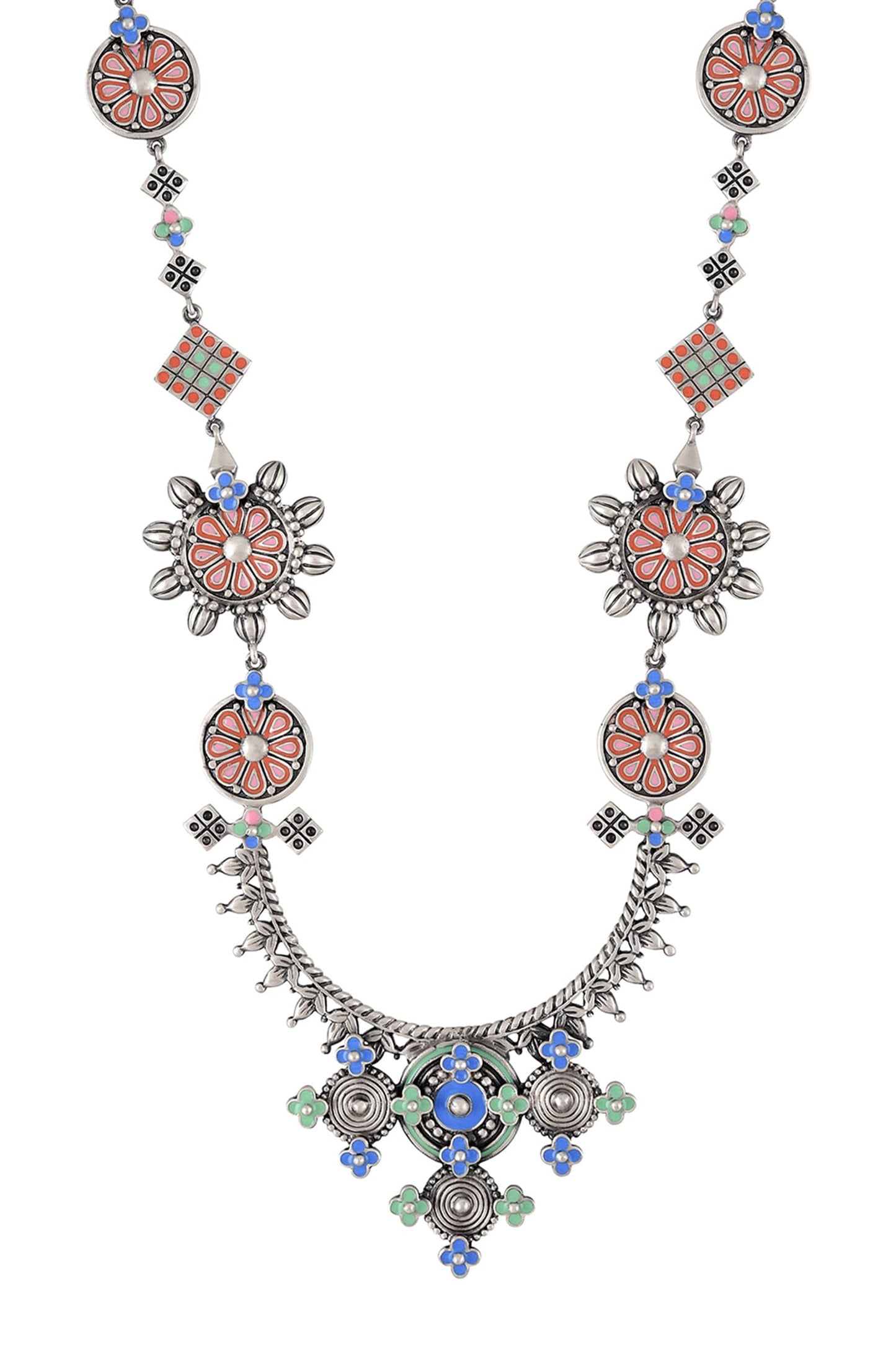 Oxidized Silver Enamel Long Necklace
