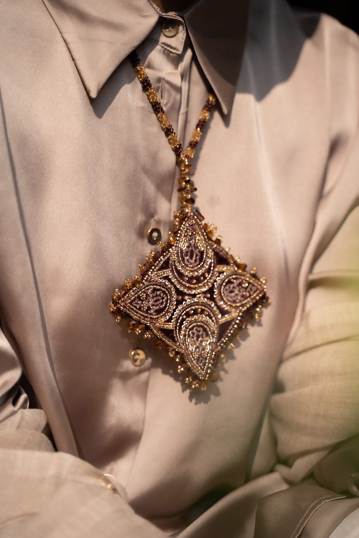 Maroon Gold Dabka Pendant Necklace