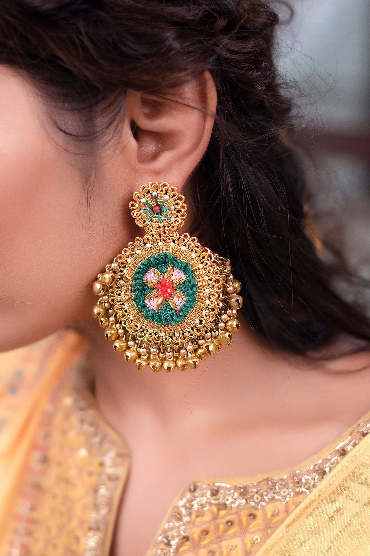Thread Embroidered Earrings & Haathphool Set