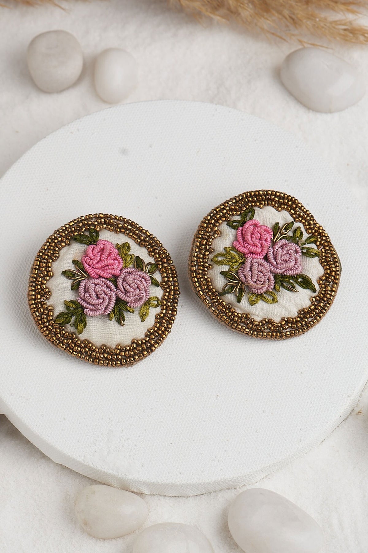 Quilted Floral Embroidered Stud Earrings