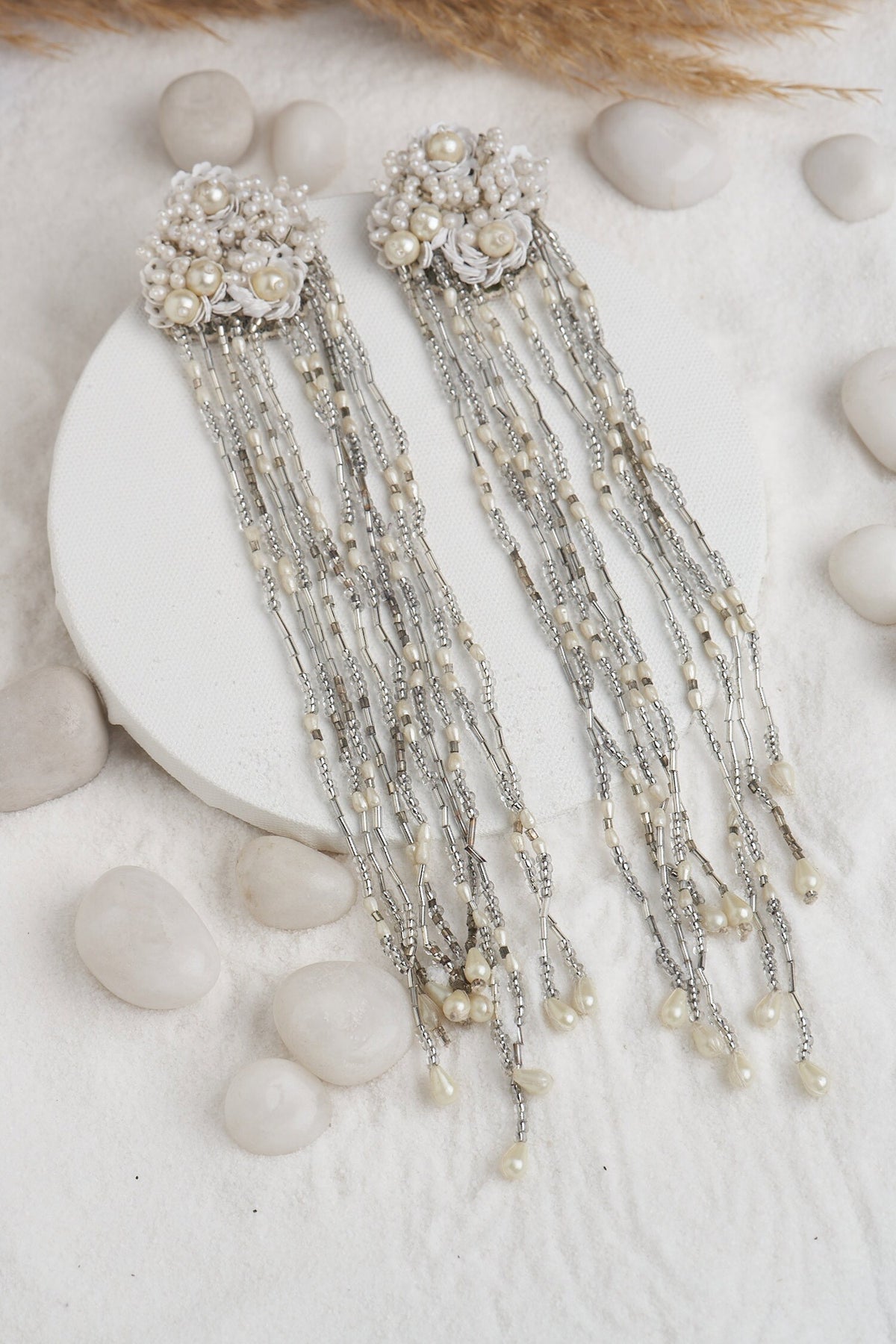 Pearl Embellished Long Tassel Earrings