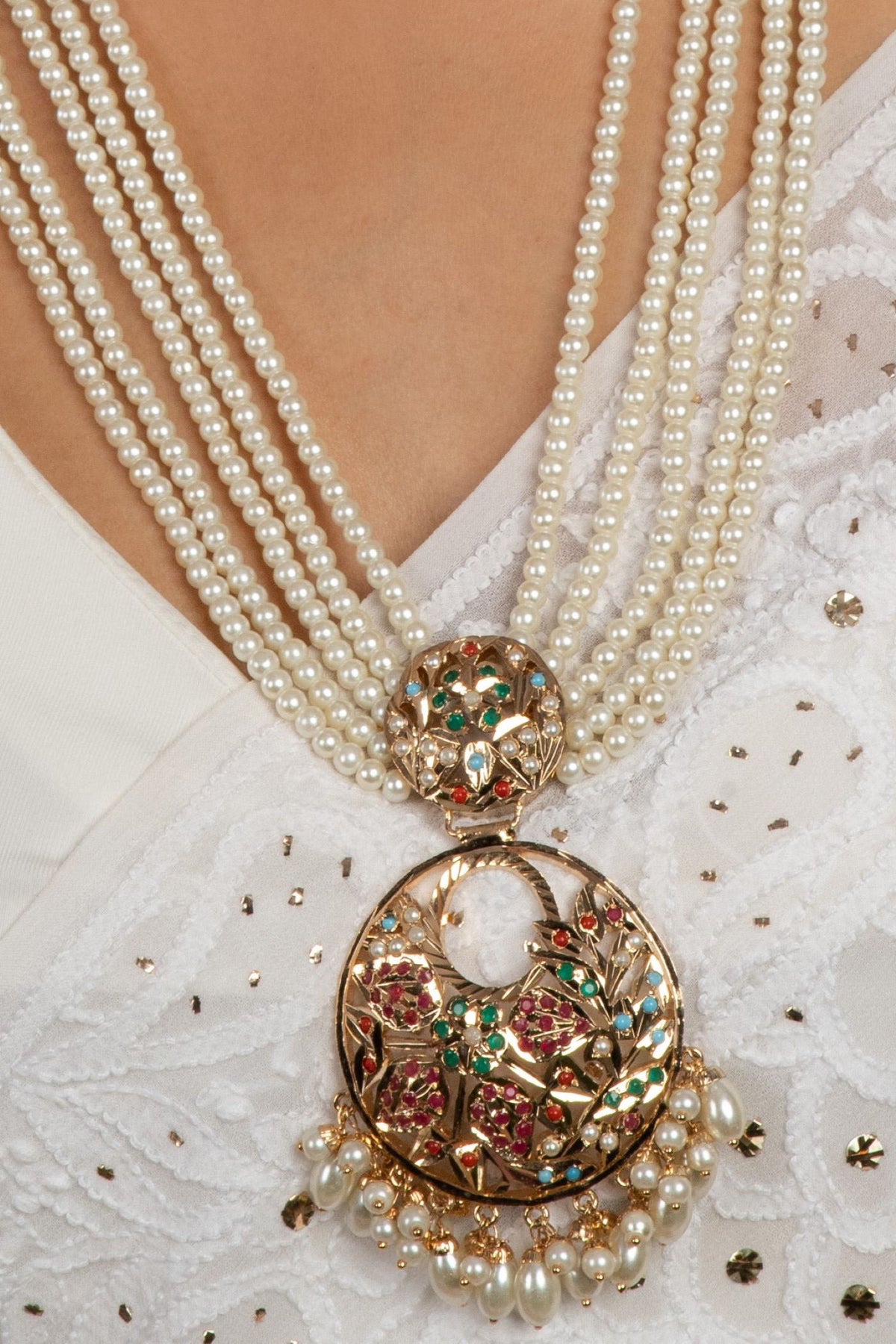 Navratan Jadau Stone Embellished Pendant Necklace Set