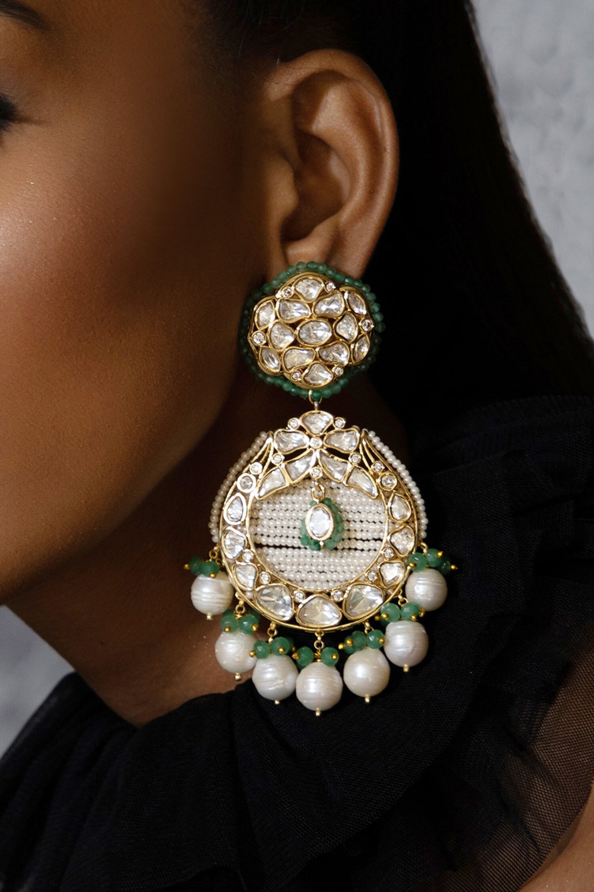 Flower Carved Polki & Kundan Embellished Earrings