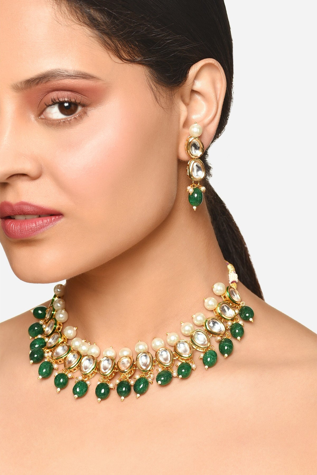 Emerald Green Stone & Pearl Choker Set