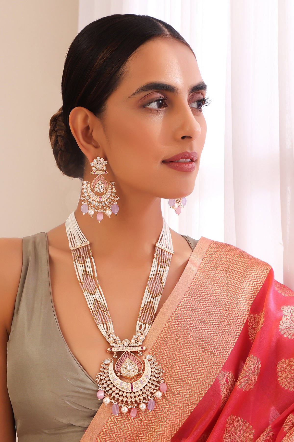 Stone Embellished Long Pendant Necklace Set