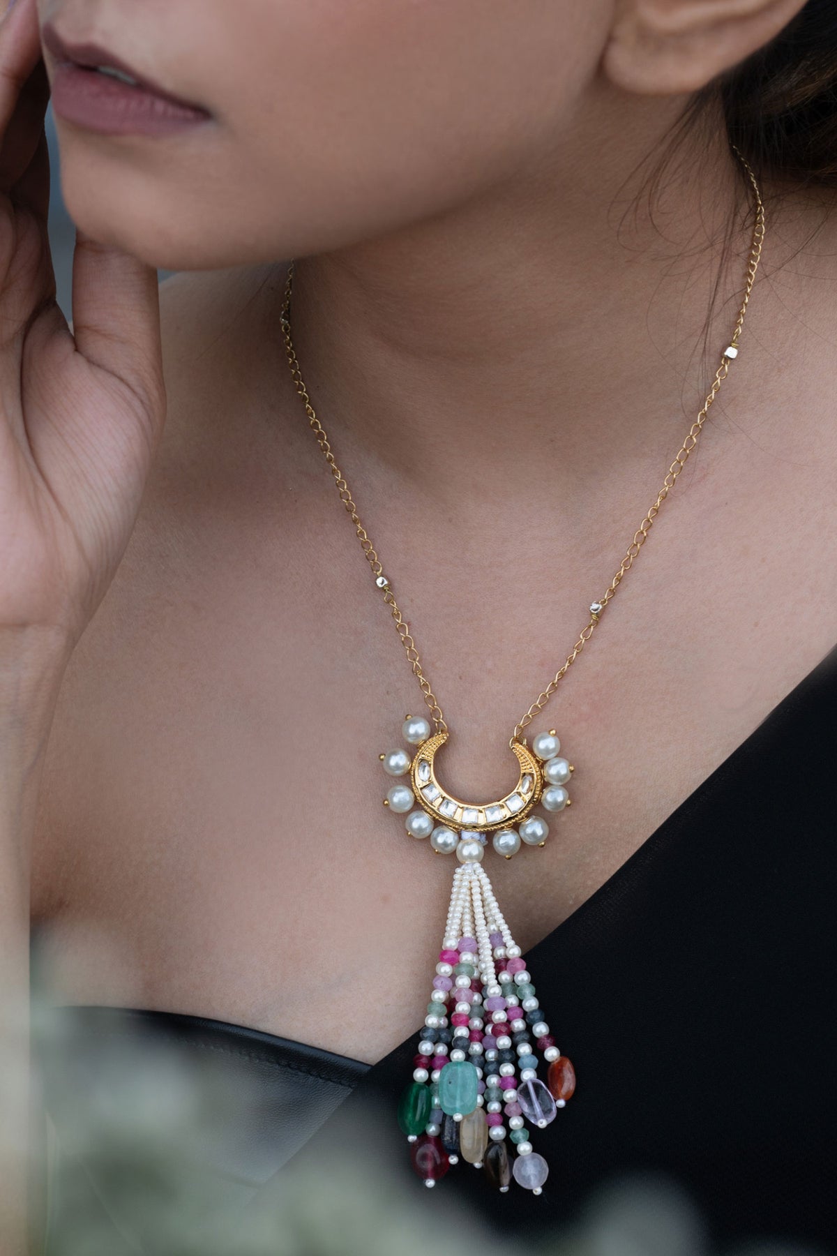 Half Moon Kundan Studded Pendant Necklace
