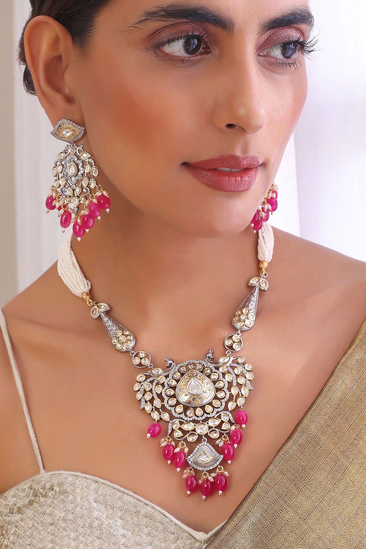 Peacock Moissani Polki Stone Studded Necklace Set