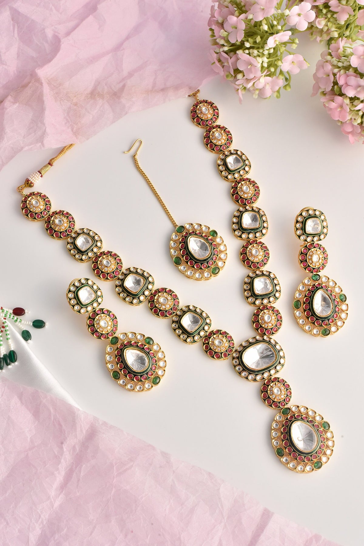 Moissanite Polki Embellished Long Pendant Necklace Set
