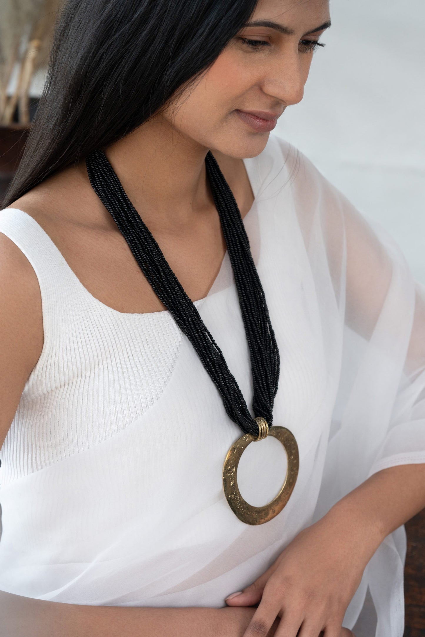 Ring Arc Pendant Beaded Boho Necklace