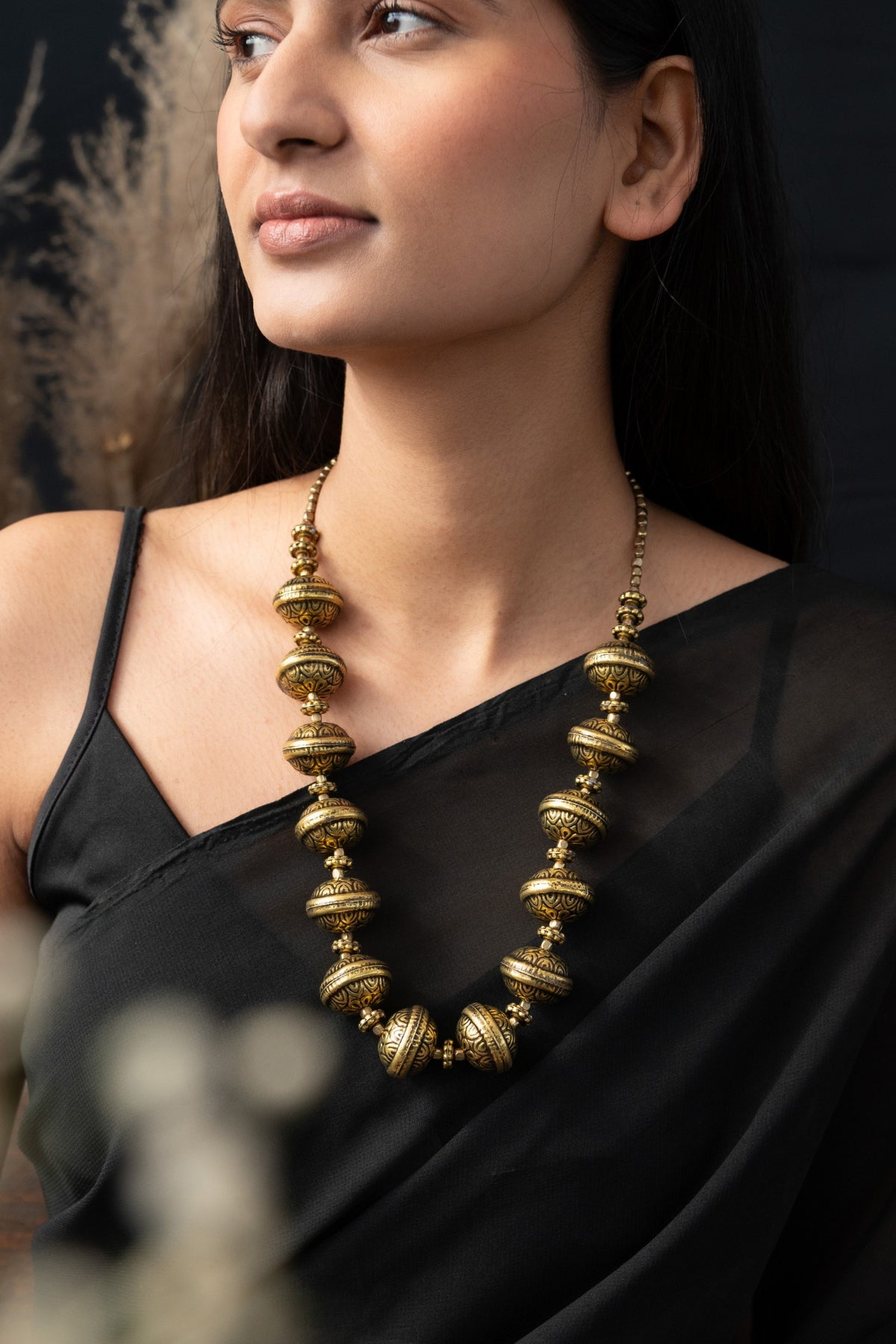 Carved Bead Oxidized Necklace