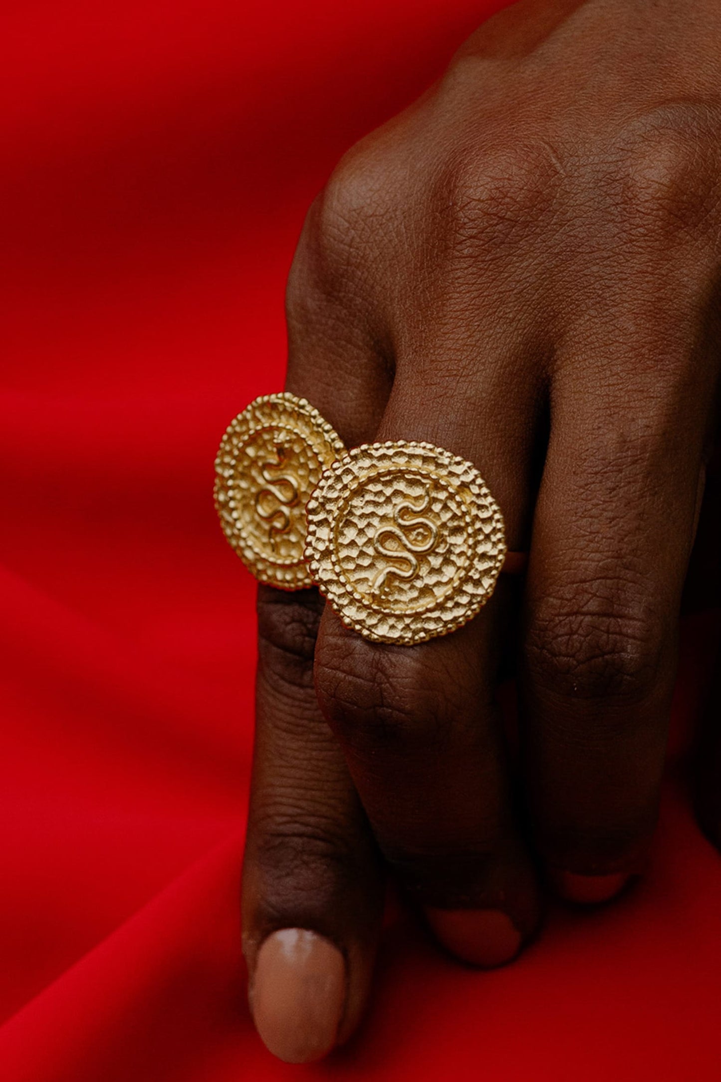 Textured Snake Carved Coin Shaped Ring