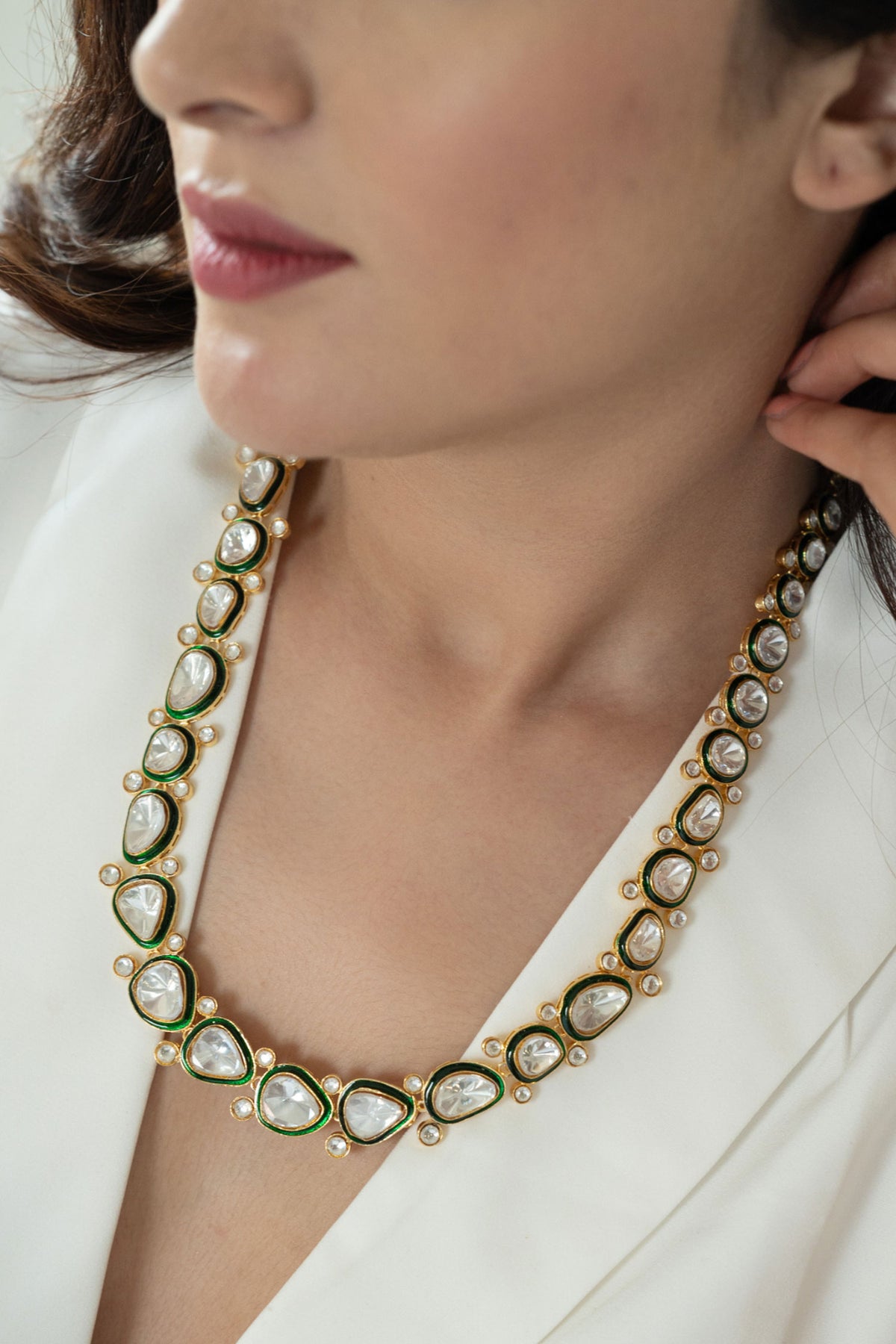 Glimmering Enamelled Polki Necklace Set
