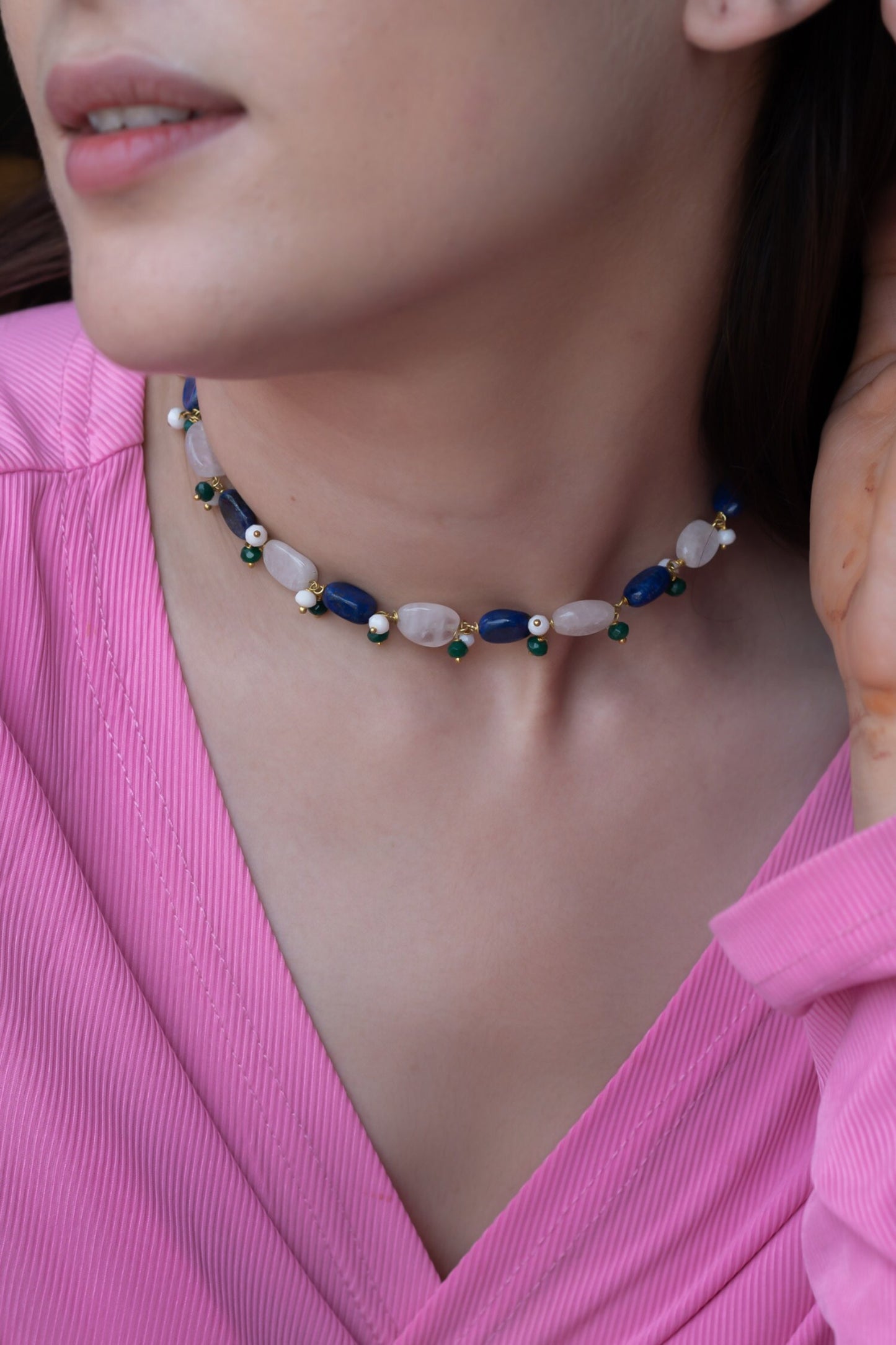 Lapis Lazuli & Fluorite Stone Embellished Choker Necklace