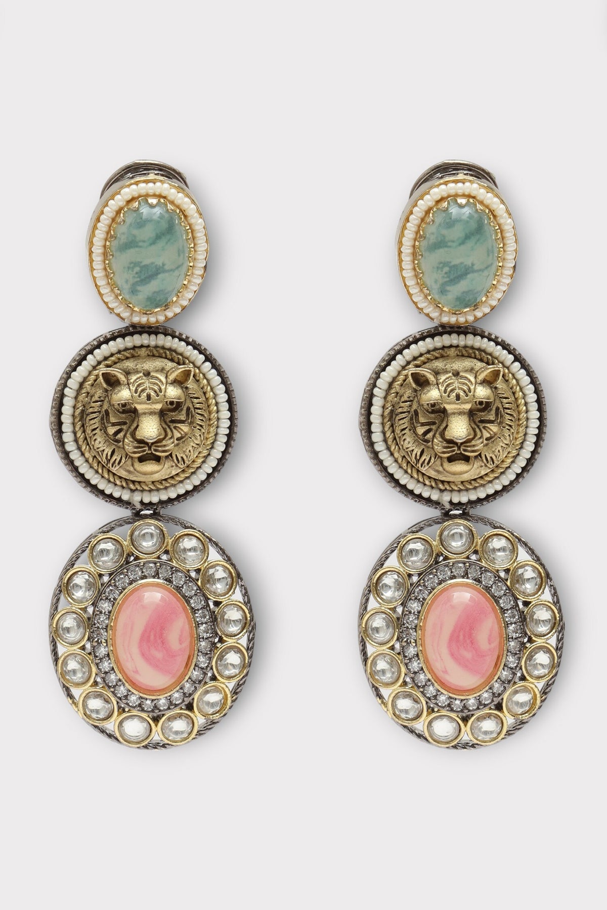 lLioness Carved Stone Studded Earrings