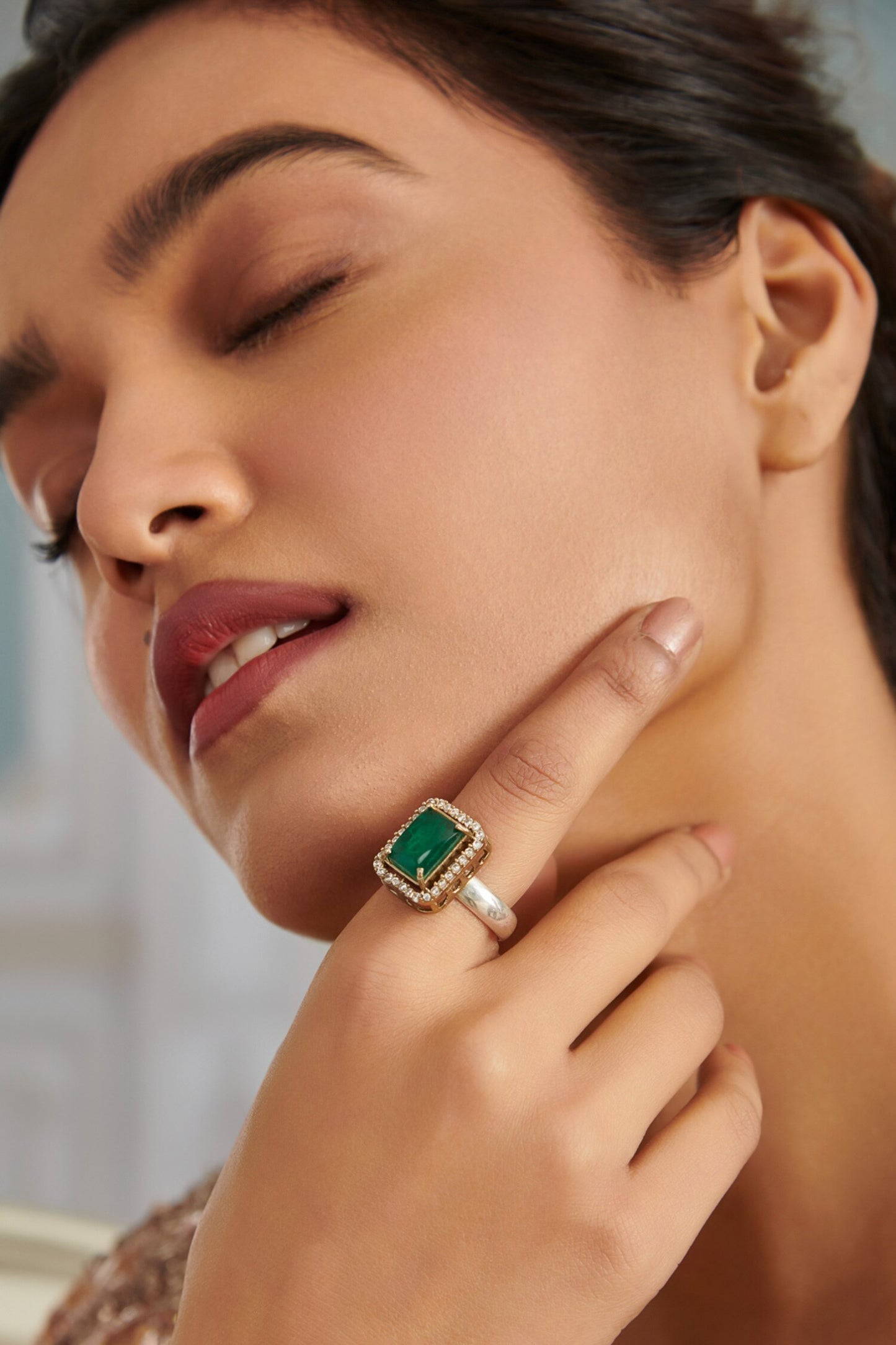 Emerald Stone & Cubic Zirconia Embellished Ring