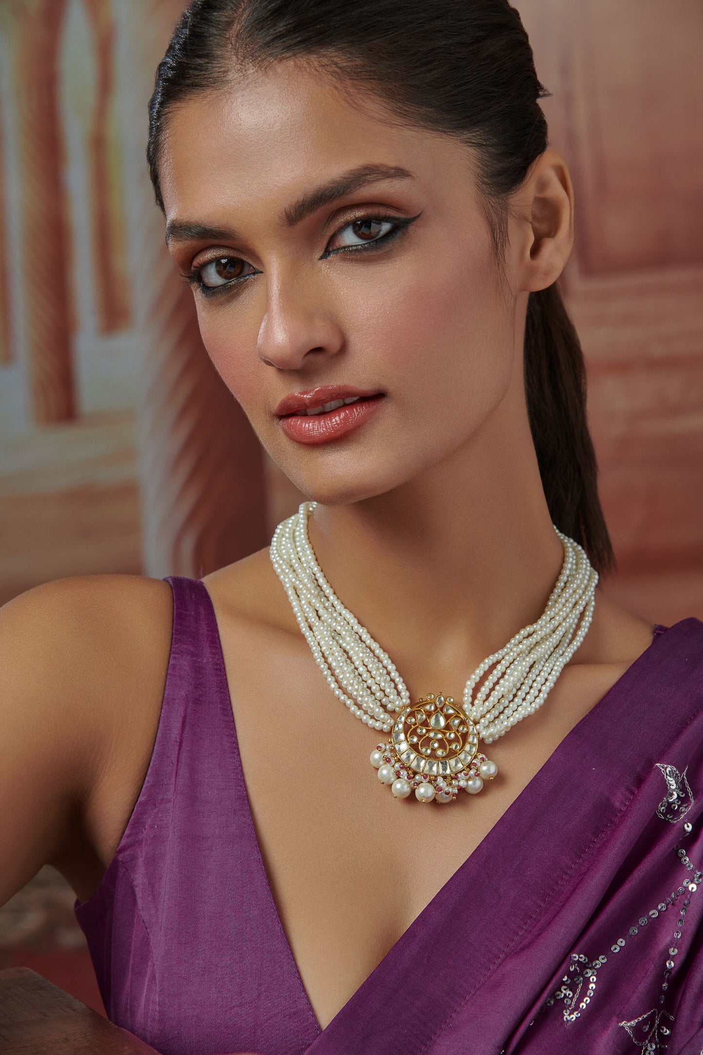 Kundan Chand Bloom Pearl Pendant Necklace
