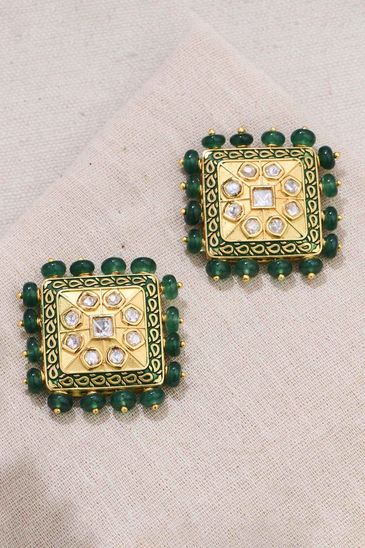 Moss Elegance Kundan Embellished Carved Studs