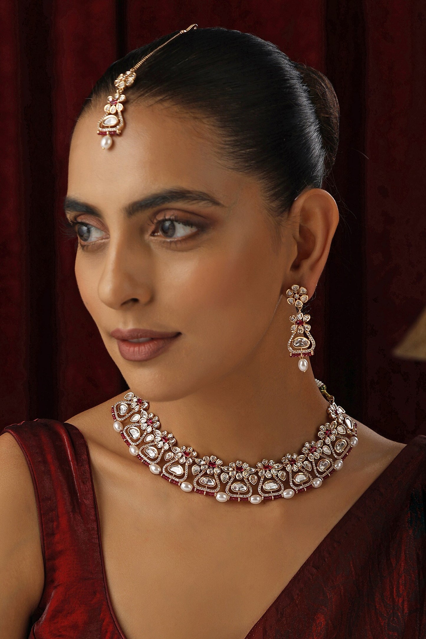 Floral Drop Polki Studded Necklace Set