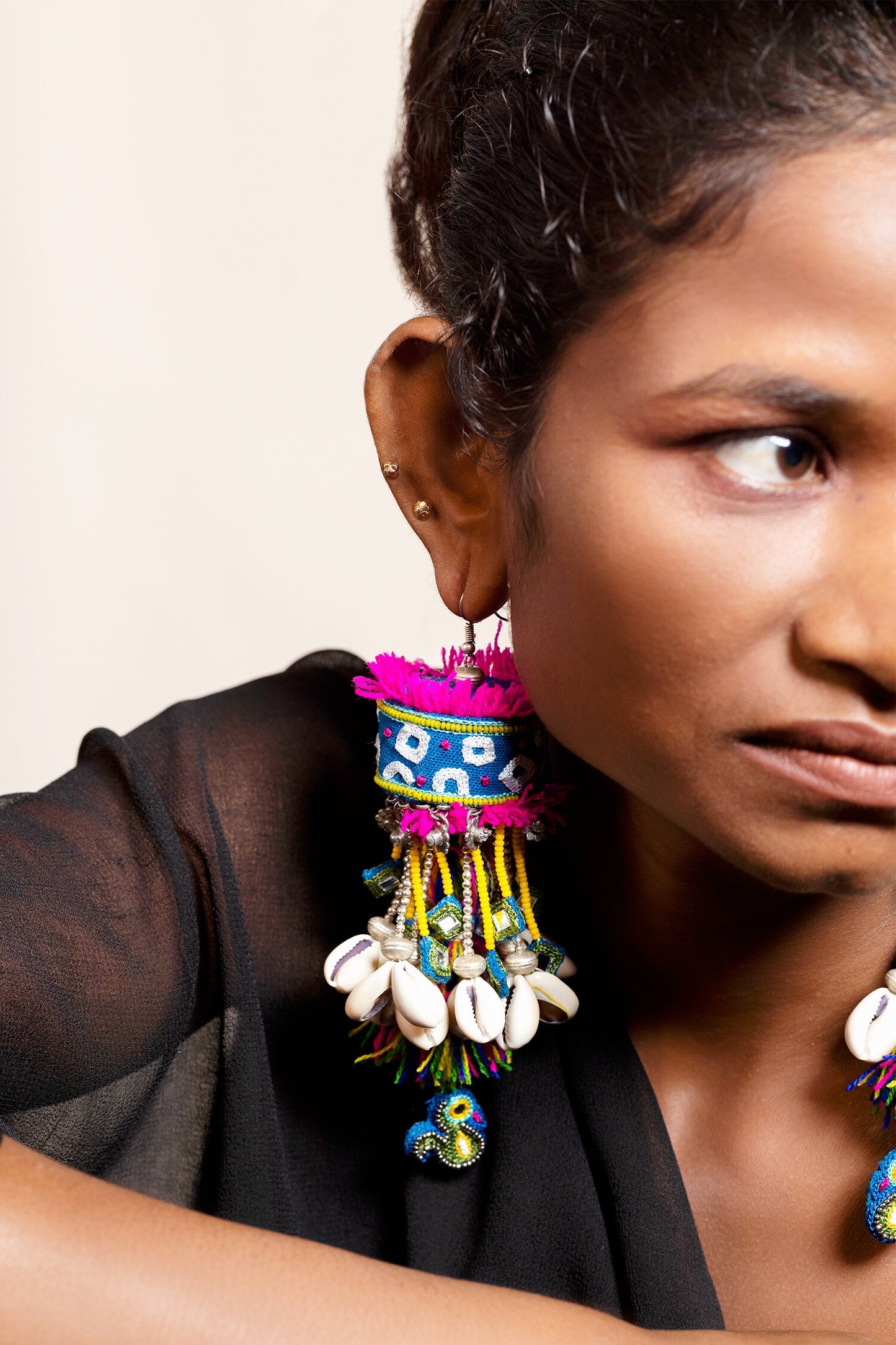 Barabar Che Embroidered Shell Tassel Earrings