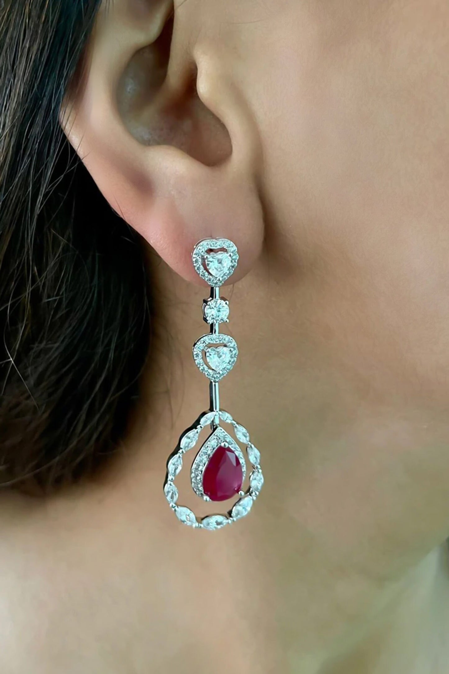Layered Ruby Embellished Tear Drop Necklace Set