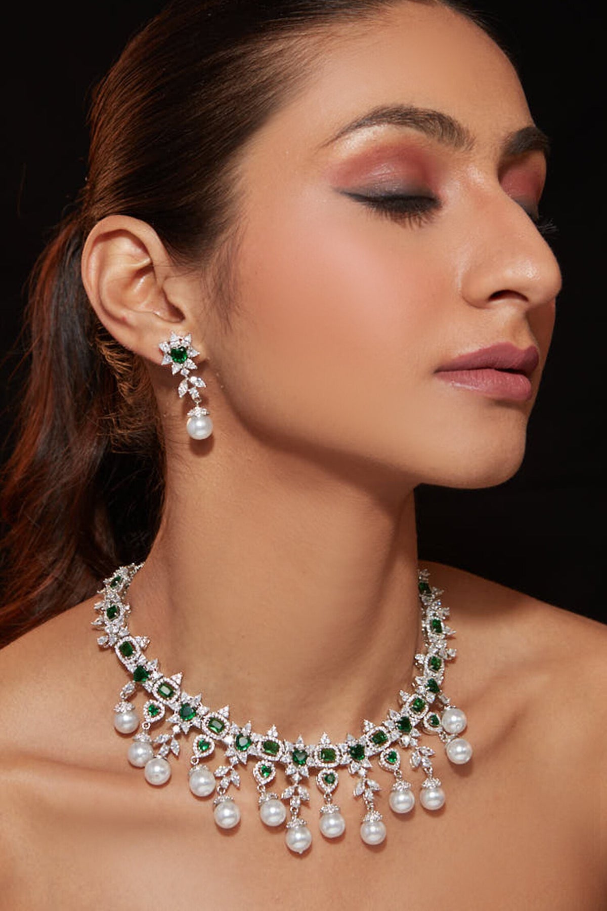 Stone Studded Floral Pearl Drop Necklace Set