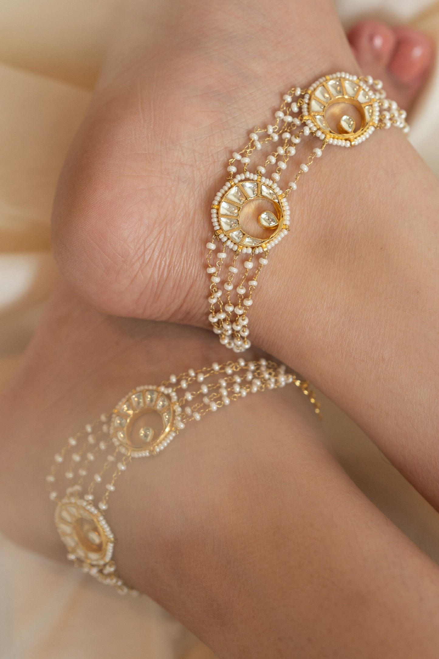 Kundan Half Moon Pearl Anklets