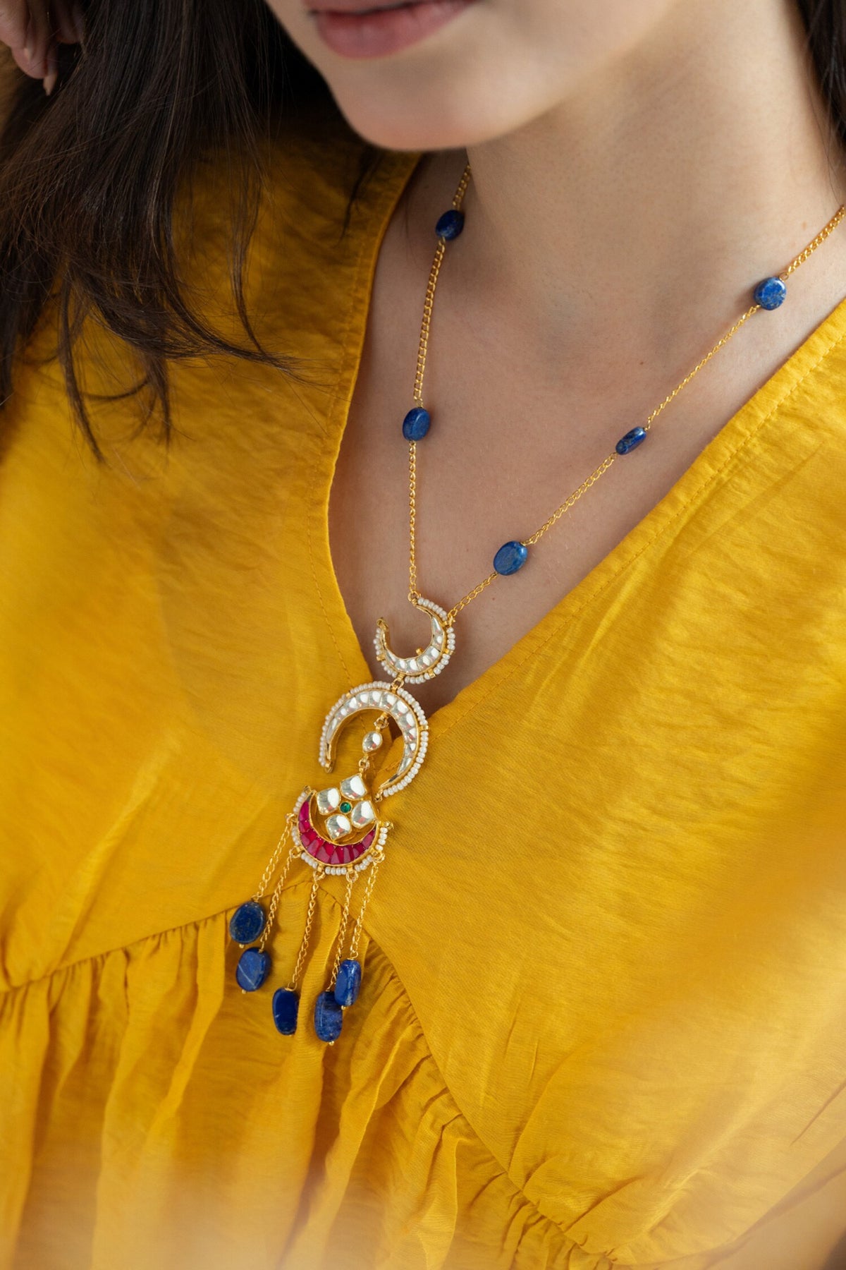 Lapis Lazuli & Pearl Embellished Pendant Necklace