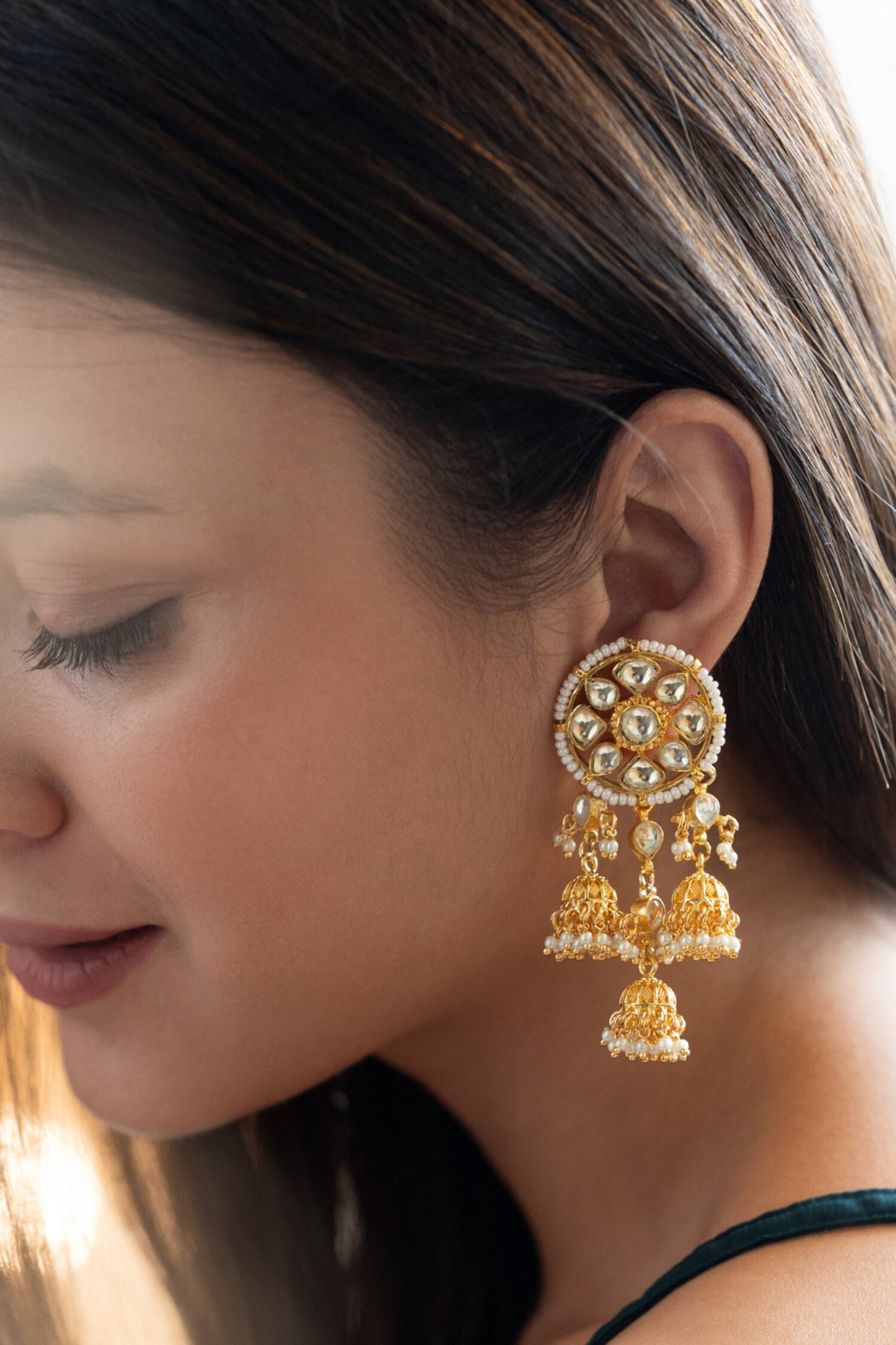 Kundan & Pearl Embellished Jhumka Earrings