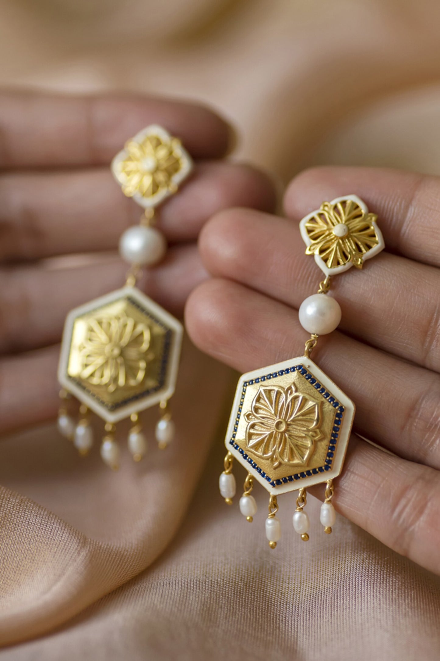 Gold Stone Zircon Carved Earrings