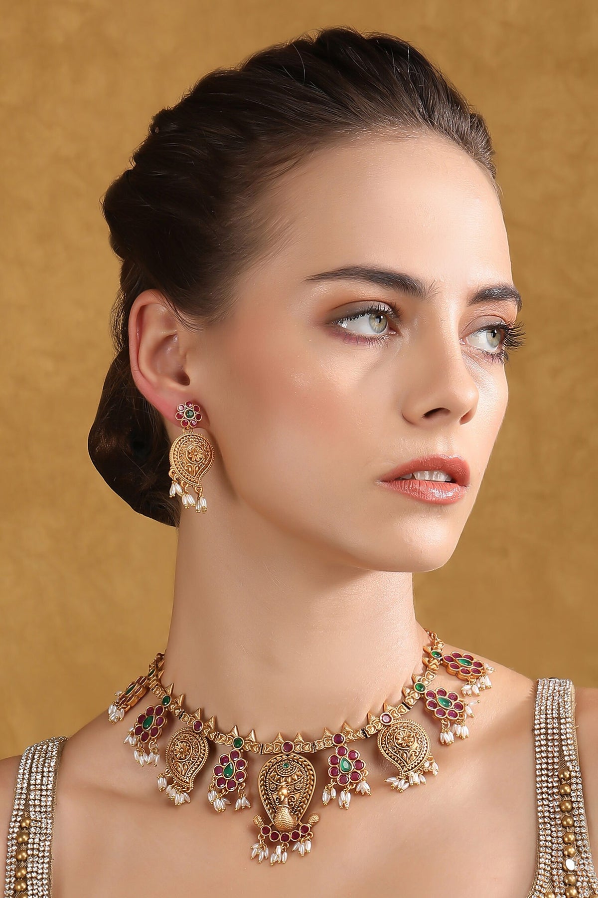 Gold Stone Embellished Peacock Choker Set