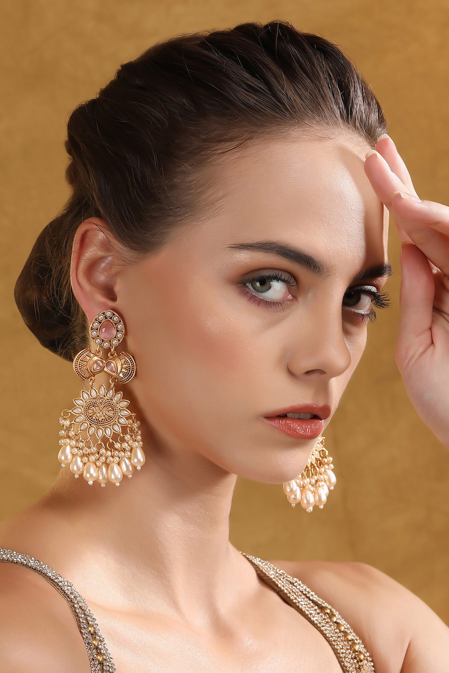Gold Pearl Tassel Carved Earrings