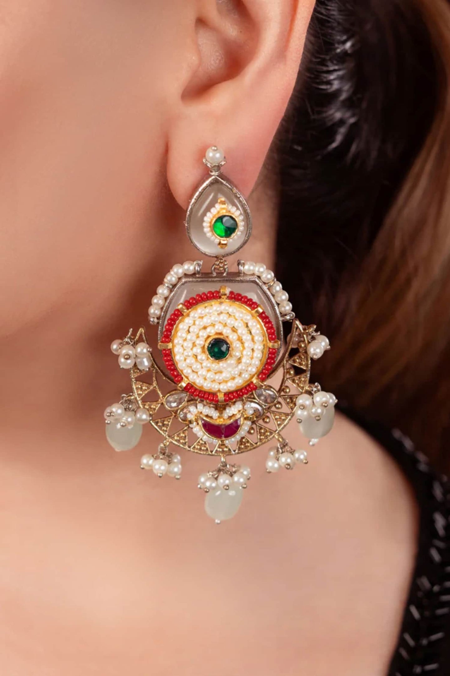 Gold Two Tone Chandbalis with Grey Stones