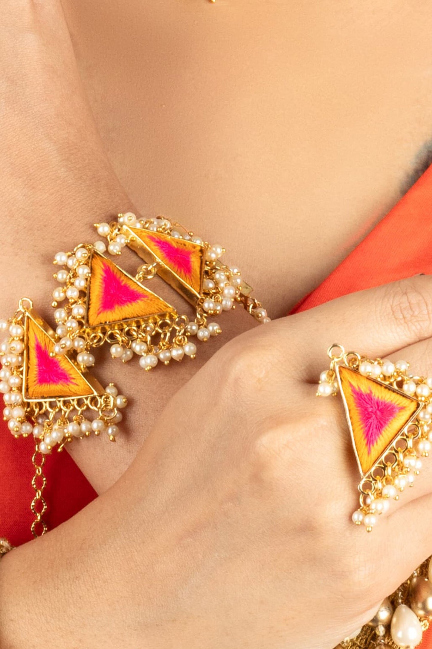 Yellow Pink Thread Embroidered Choker Set