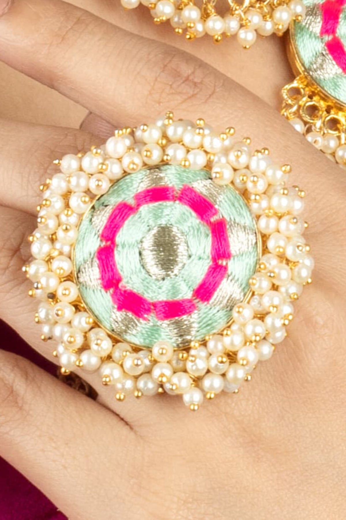 Mint Blue-Pink Thread Embroidered Ring