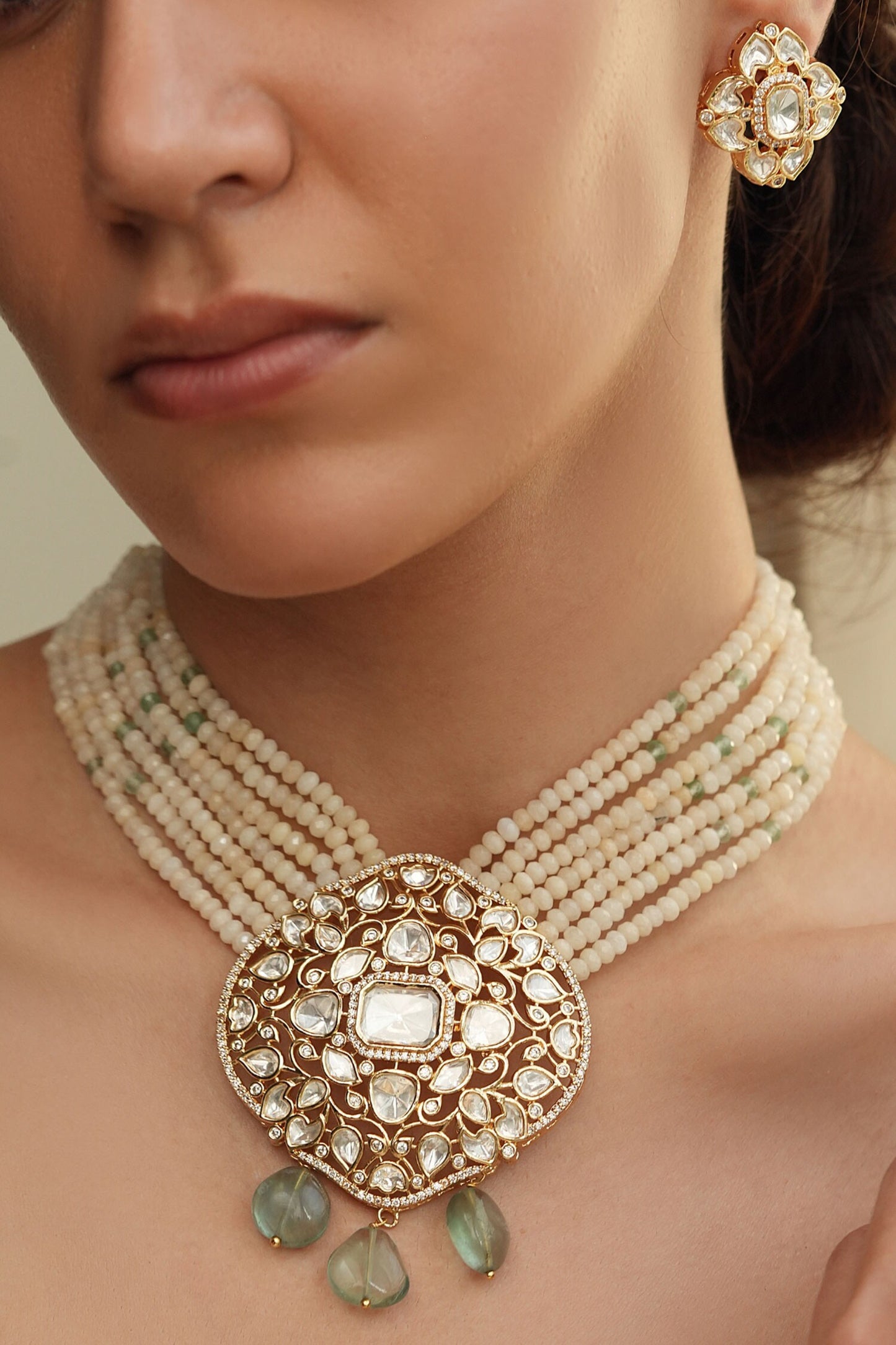 Gold Polki Bead Necklace & Earring Set