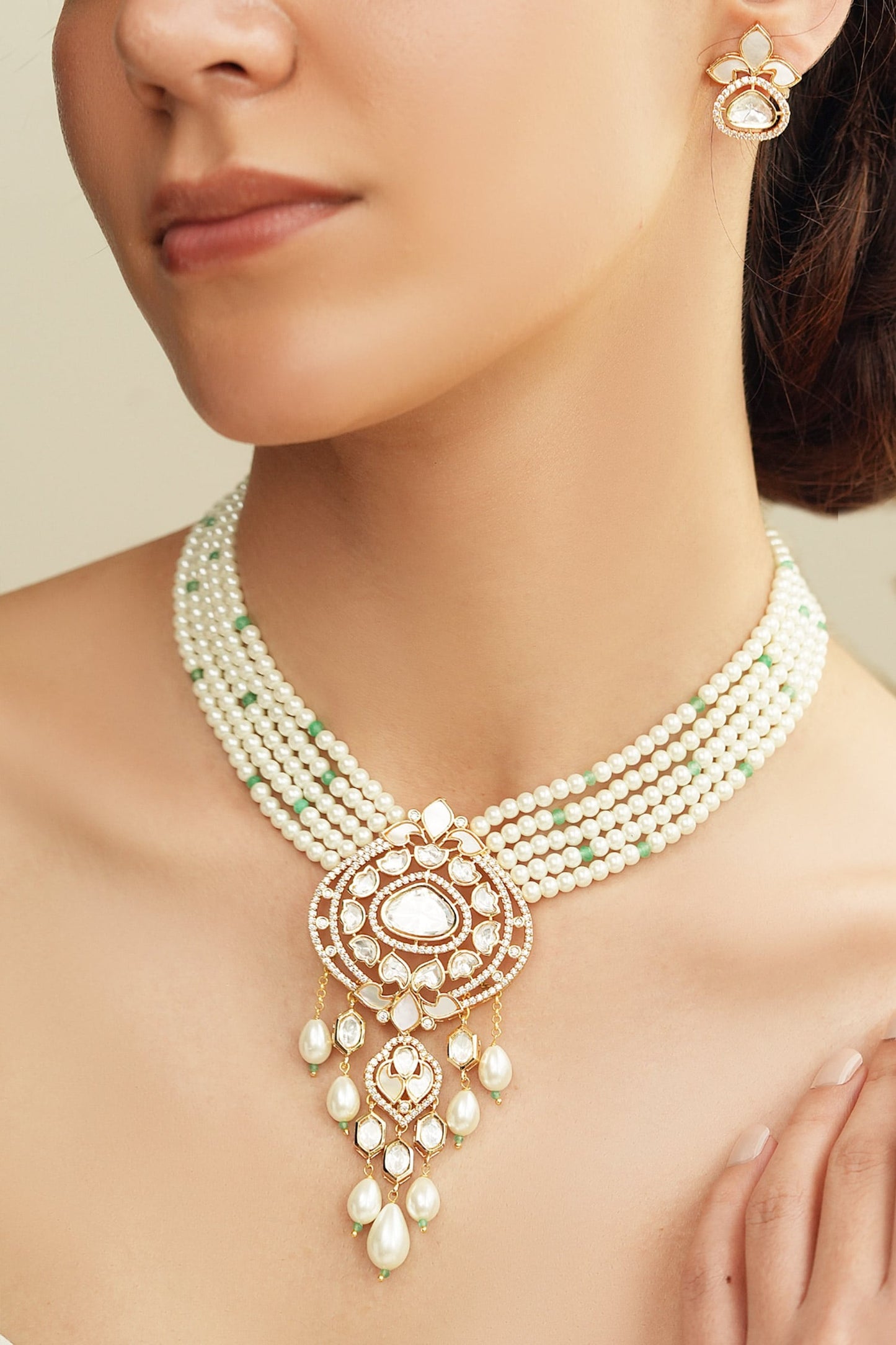 Gold Stone Embellished Pearl Necklace Set