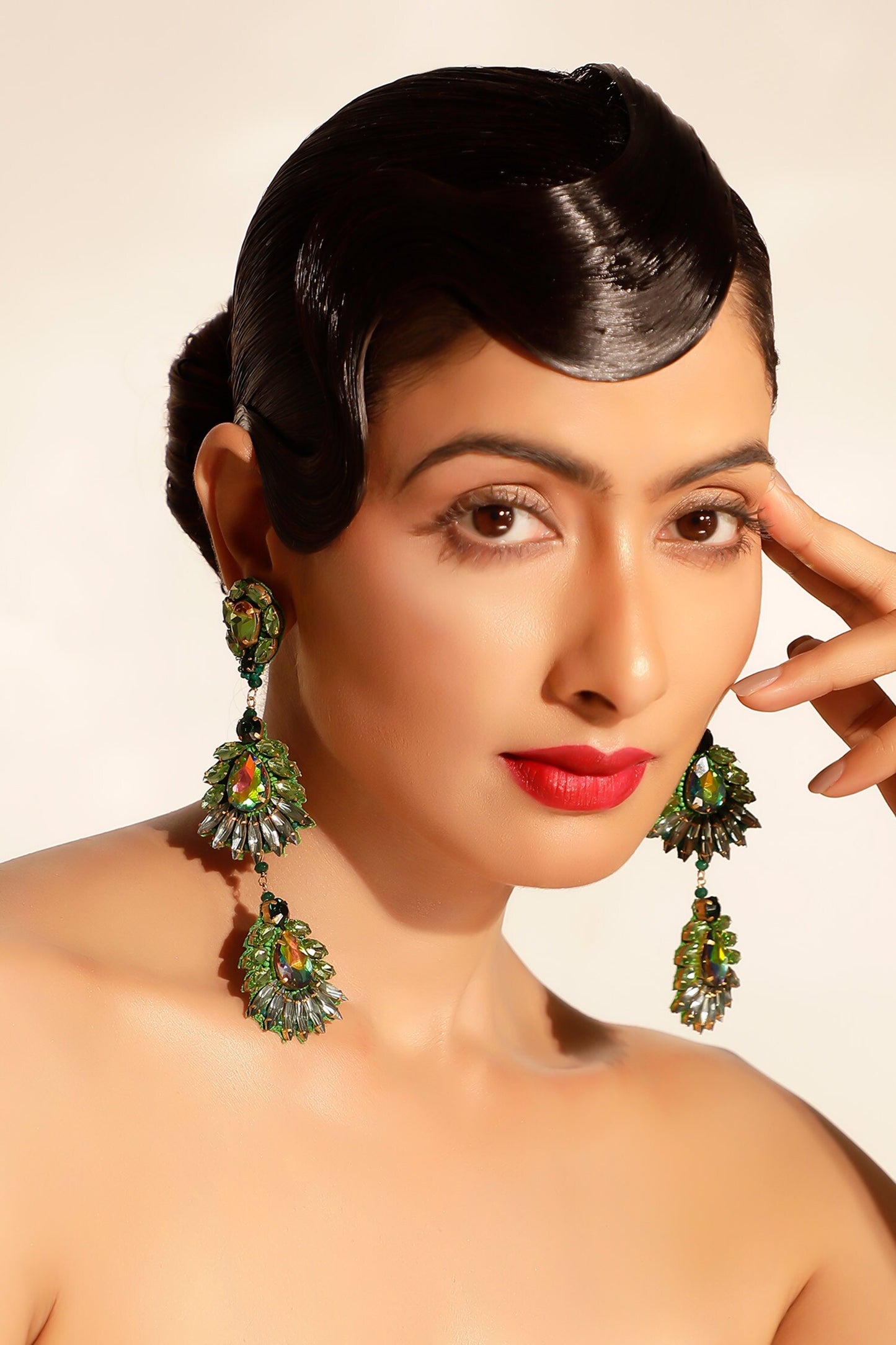 Floral Crystal Danglers with Green Beads