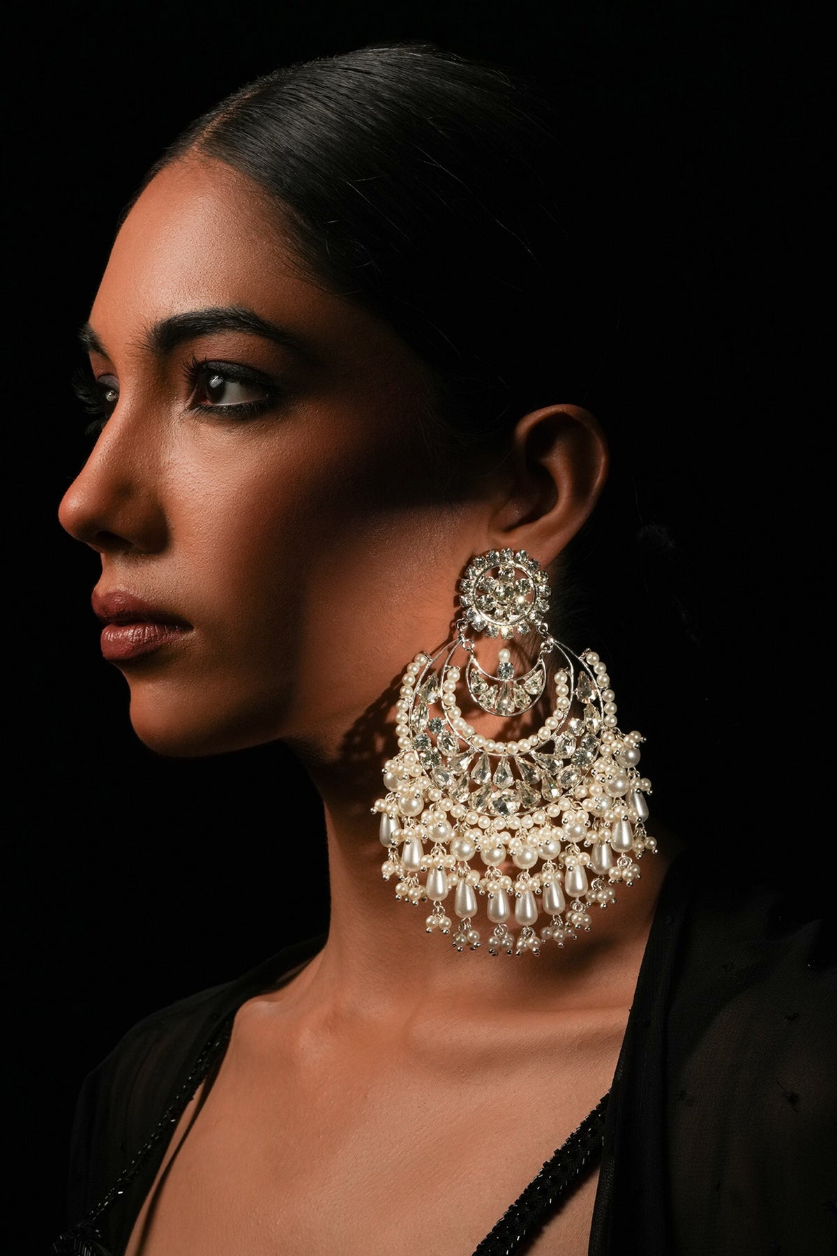Pearl & Crystal Half Moon Chandbalis