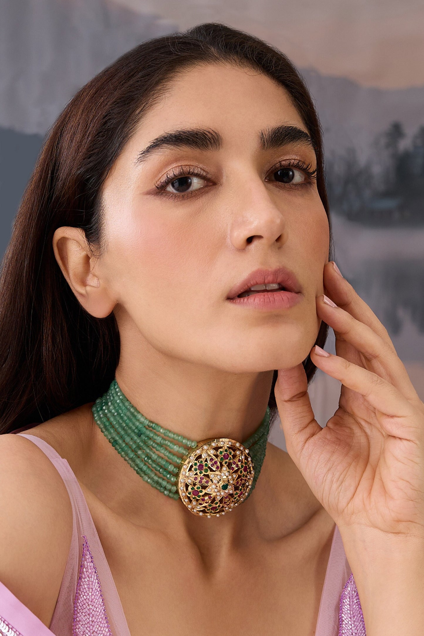 Floral Cutwork Choker with Garnet Stone