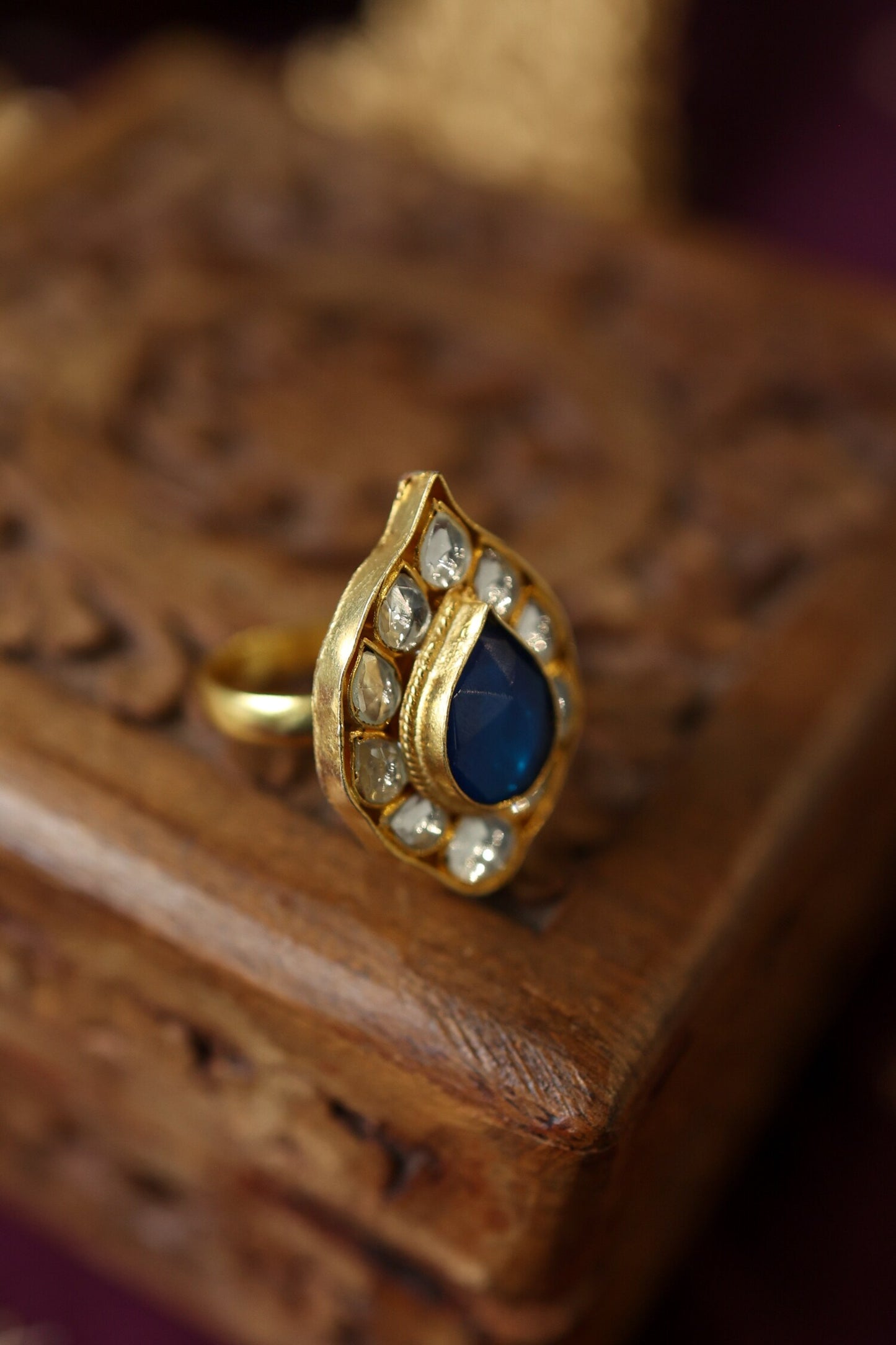 Kundan Blue Stone Adjustable Ring