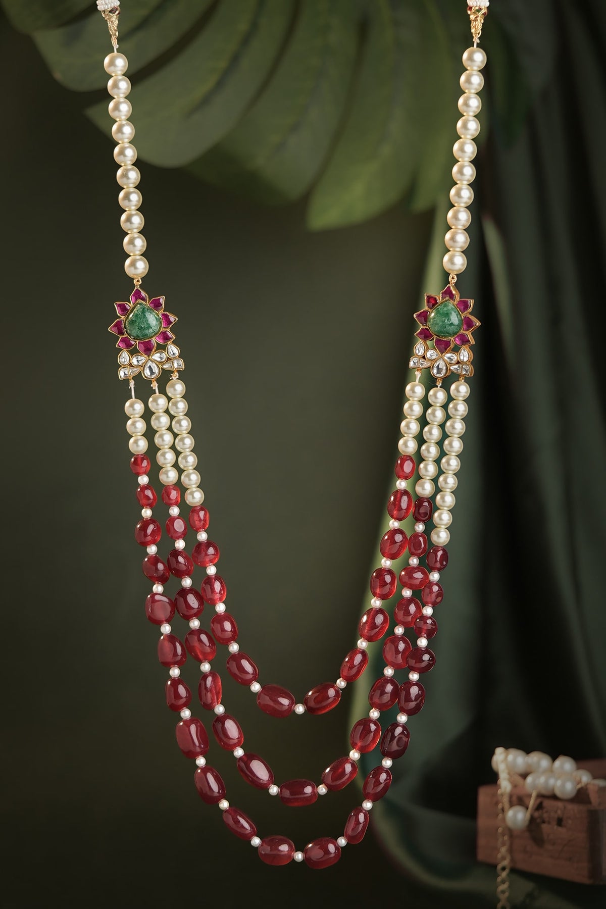 Layered Red Bead & Pearl Necklace