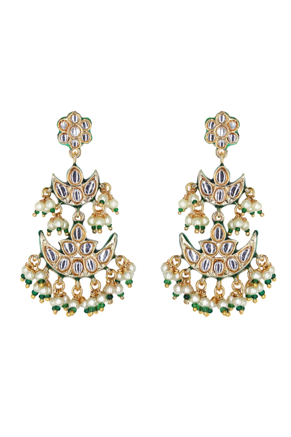 Gold Kundan Double Chand Earrings