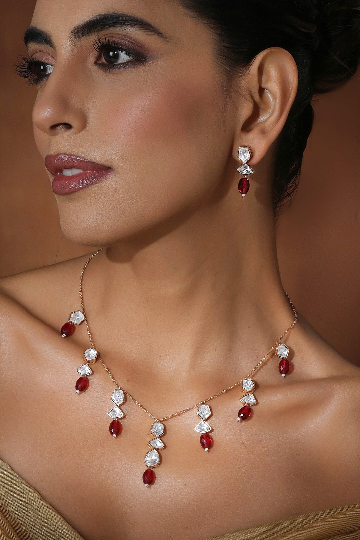 Polki Embellished Red Stone Necklace Set