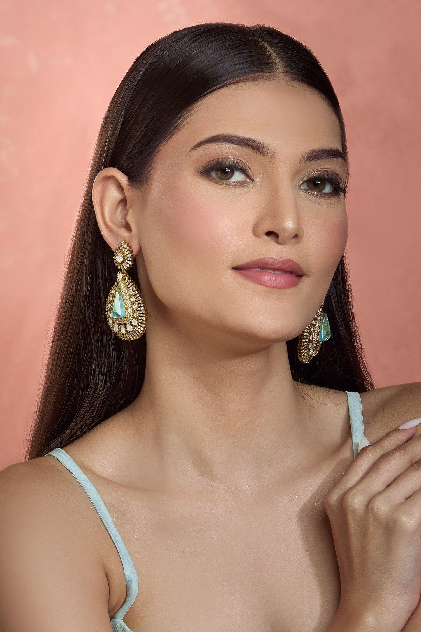 Gold Moissanite & Emerald Danglers