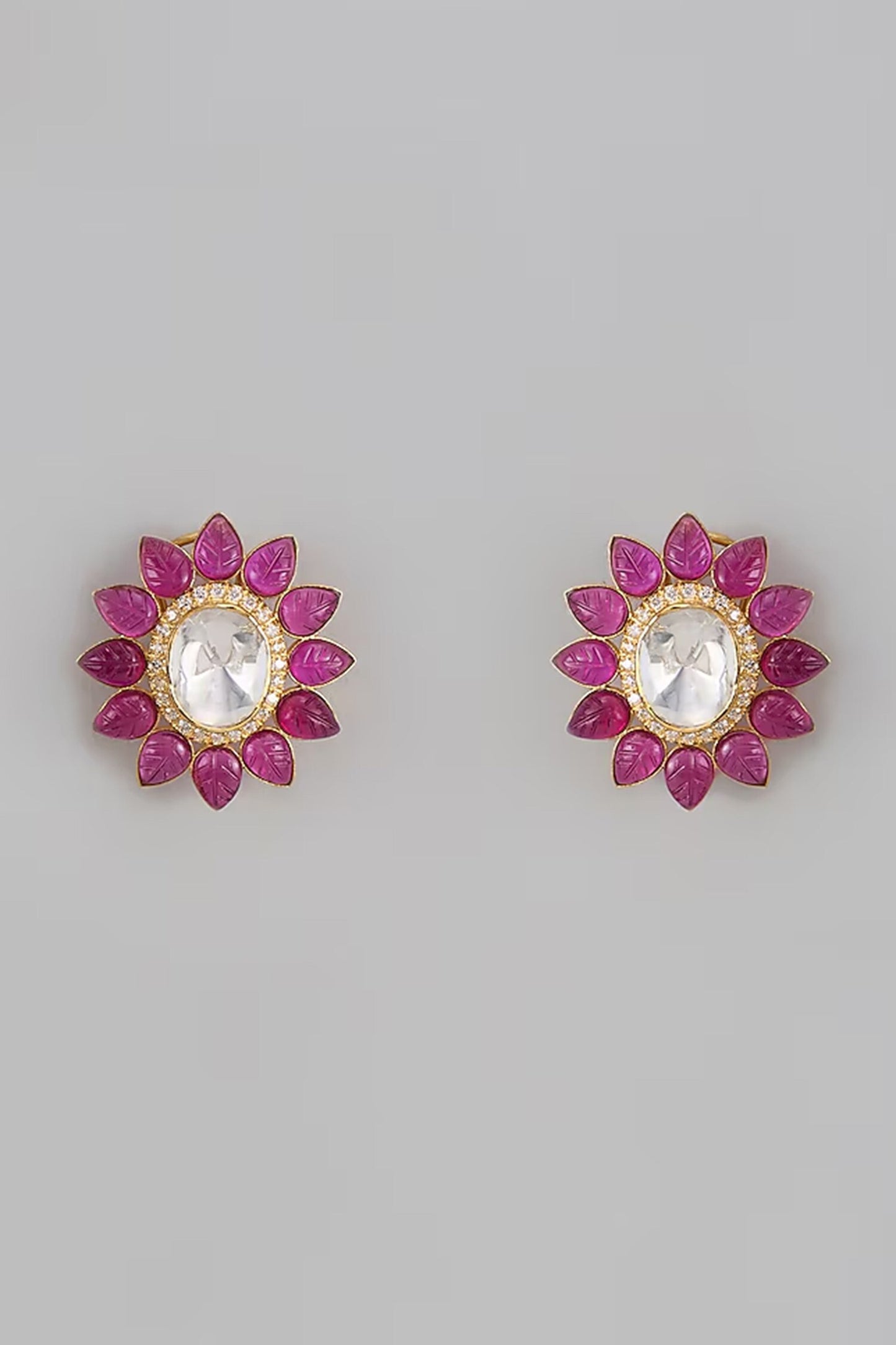 Red Moissanite Floral Stud Earrings