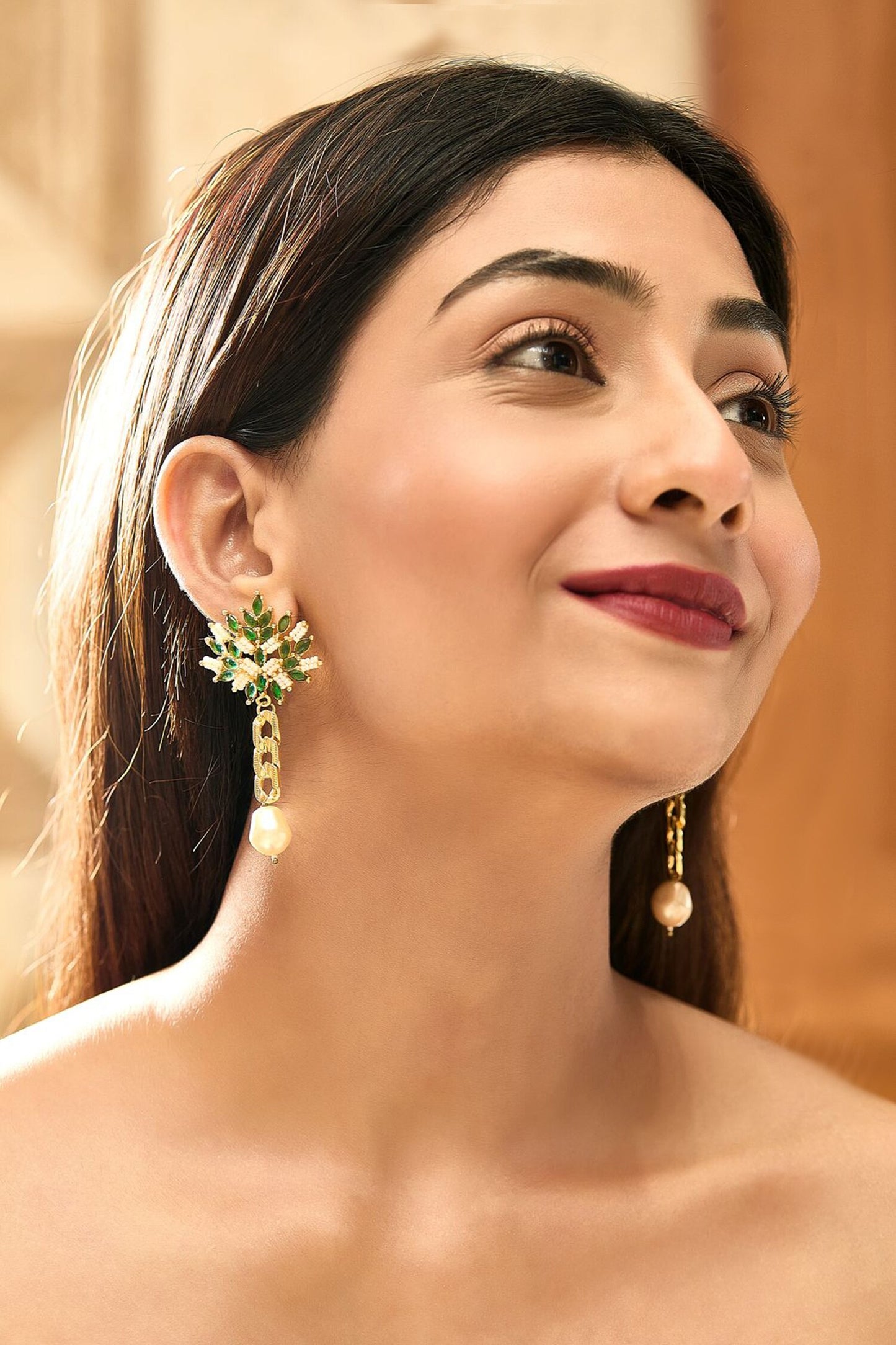 Emerald Stone Pearl Drop Earrings
